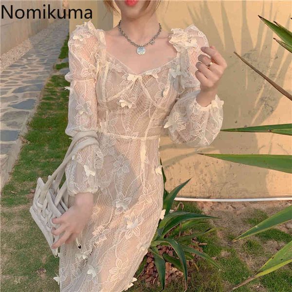Nomikuma 3d borboleta decoração elegante vestido mulheres colarinho quadrado manga longa vestidos de renda chegada cintura feminina robe femme 210514