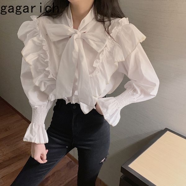 

gagarich women white blouse spring korean style fashion lace bow long-sleeve shirt loose black shirt female 210317