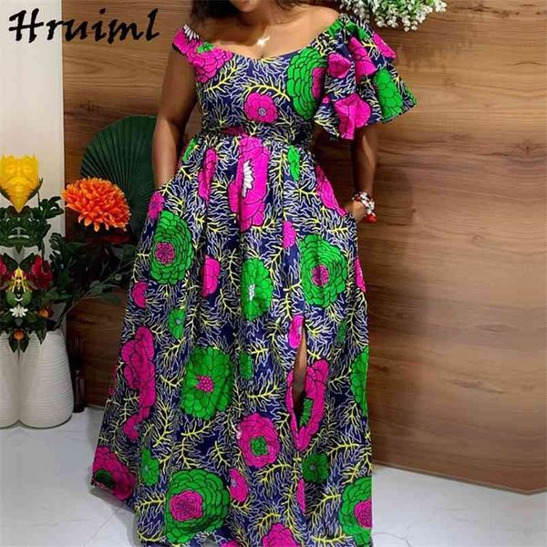 Sommerkleid Kurzarm Schulterfrei Afrika-Stil Druck Mode Kleider für Frauen Big Swing Hem Split Party ALine 210513