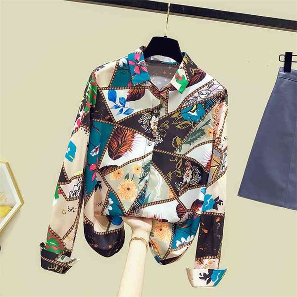 

europe style autumn fashion women's turn down collar long sleevese retro print shirt ladies blouses shirts a3806 210519, White