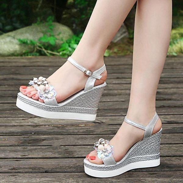 

dress shoes brand design fashion for women wedges heel flower casual sandals slingback summer female sandal, Black