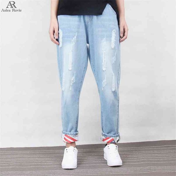 

ripped jeans women boyfriend cotton drawstring mom plus size loose denim harem pant 6xl 210708, Blue