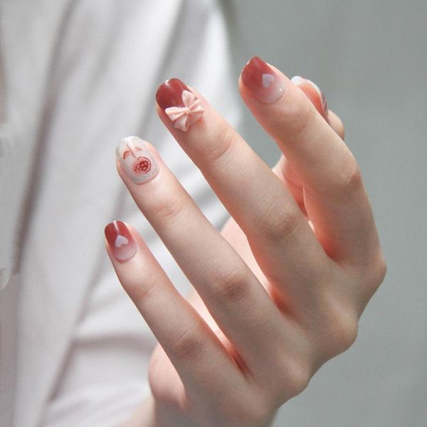 

false nails 24pcs bow nail patch glue type removable short paragraph fashion manicure save time fa, Red;gold