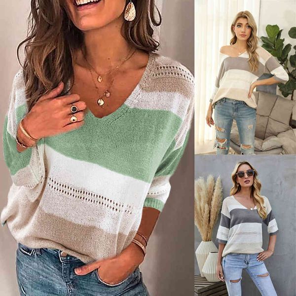 

2021 spring and summer new knitted splicing pullover v-neck bikini beach blouse women's t-shirt, White