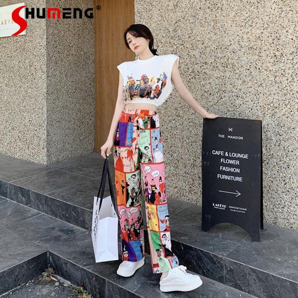 

women's two piece pants 2021 summer ladies retro graffiti printing sleeveless t-shirt elastic waist cartoon pattern wide leg two-piece, White