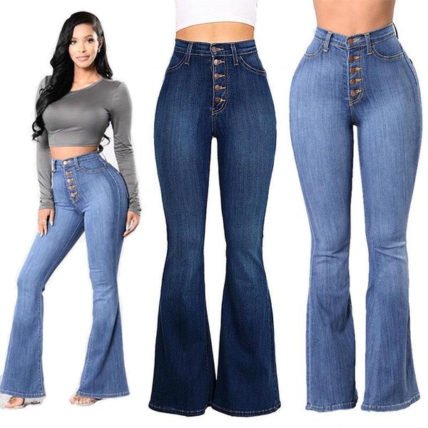 

women's jeans woman spring and autumn high waist buttoned wide leg solid color breathable casual ladies denim flared pants ws42, Blue