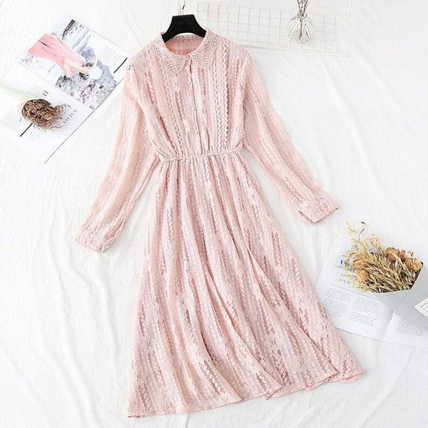 

pink lace dress women 2021 autumn winter sweet female doll collar solid long sleeve dresses elegant a-line midi vestidos casual, Black;gray
