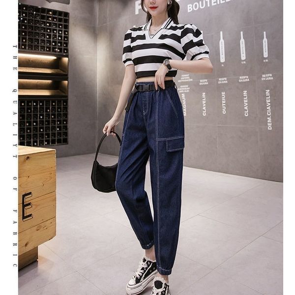 

women's jeans loose woman autumn high waist slim harem pants s fashion cargo baggy blue e4si