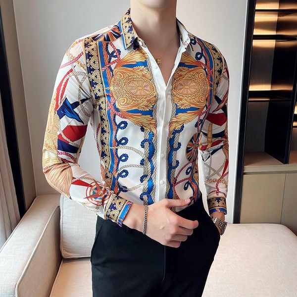 

men's casual shirts luxury gold print shirt long sleeve slim fit streetwear vintage male business social formal dress, White;black