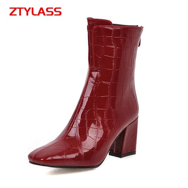 

fashion square toe ankle boots women stone print high heel zipper autumn winter plush warm female size 34-43, Black