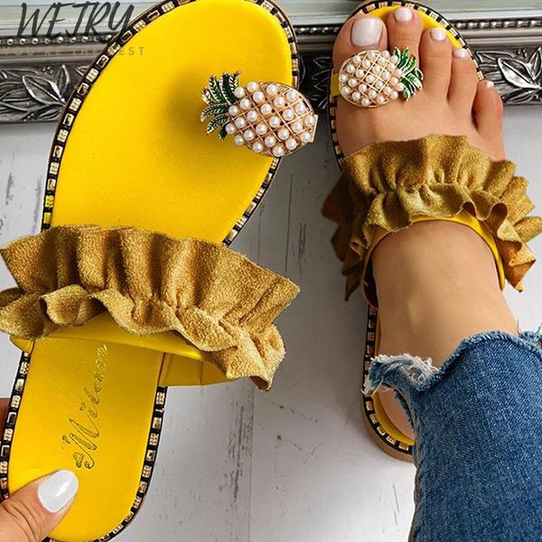 

slippers women shoes summer beach pineapple flat outside slides zapatos de mujer ladies string bead dropship, Black