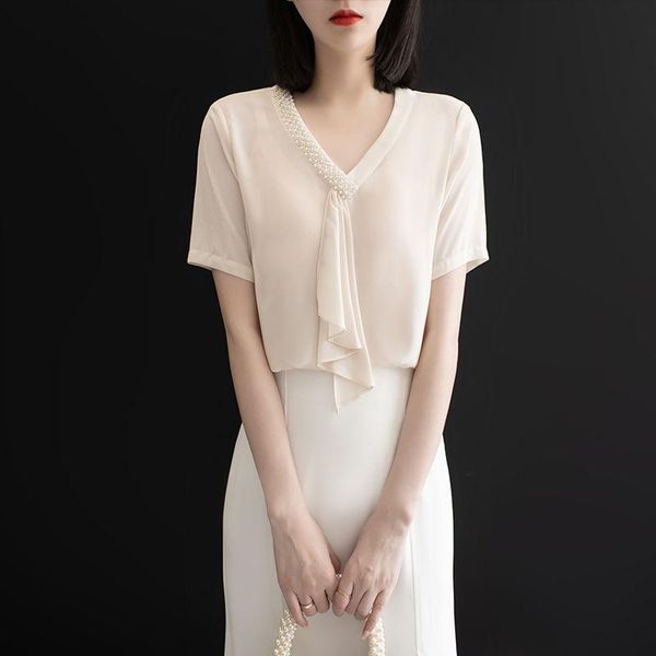 

women's blouses & shirts beaded bow neck chiffon women blouse summer design 2021 solid lightweight slim elegant office lady pulls outwe, White