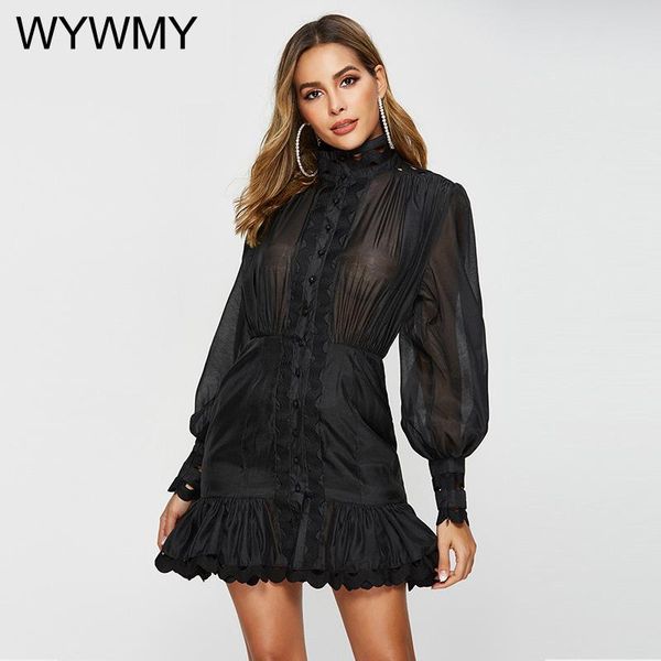 

casual dresses wywmy spring summer dress women hollow out ruffled mesh lantern sleeve button black white shirt mermaid mini, Black;gray