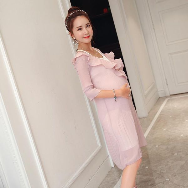 

maternity dresses 2021 pink color pregnant women pleated dress suits loose v-neck ruffles collar princess cotton lining, White