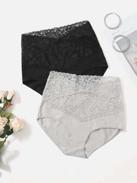 

2pack plus contrast lace panty v3pw#, Black;white