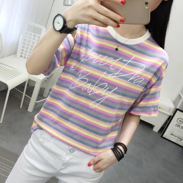 

graphic t shirts striped t-shirt women's summer short sleeve letter color printing loose top, White