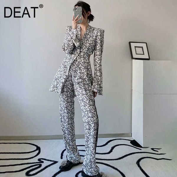 

[deat] summer fashion long sleeve v-neck blazer high waist printing flare pants women two-piece suit 13q214 210527, White