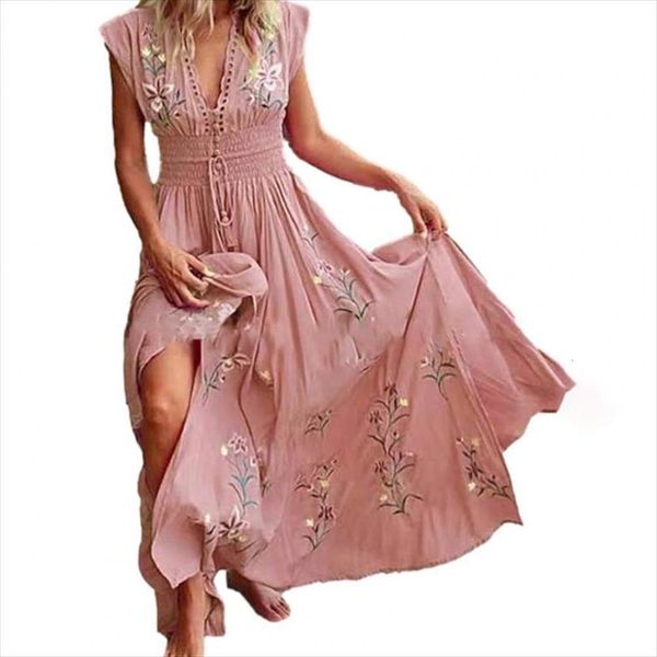 

summer elegant floral print deep women dresses v neck maxi sleeveless large hem a line split beach party, Black;gray