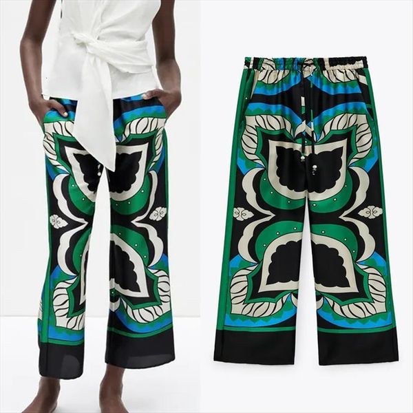 

za green wide leg womens capris summer vintage print high waist woman trousers streetwear casual loose sets, Black;white