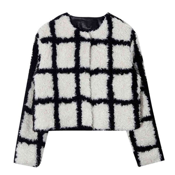 

women white plaid jacket turn down collar faux fur lambswool button highstreet pocket c0540 210514, Black;brown