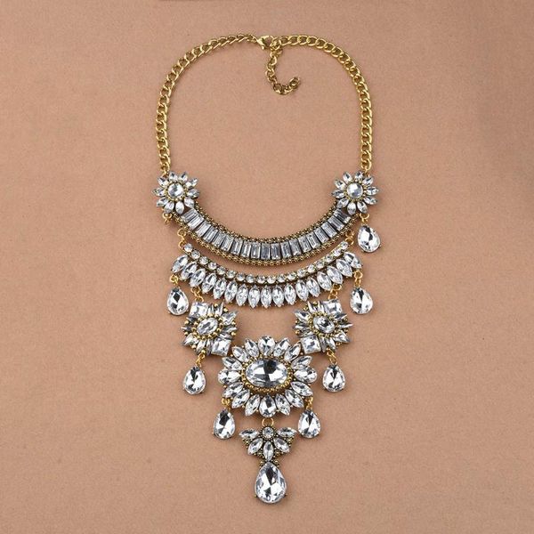 

chokers fashion handmade ethnic vintage bib necklace clear rhinestone boho statement jewelry necklaces for women, Golden;silver