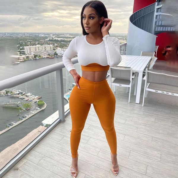 

yoga leggings suit two piece set solid color stitching long sleeve crop high waist casual pants sports women sportswear outfit