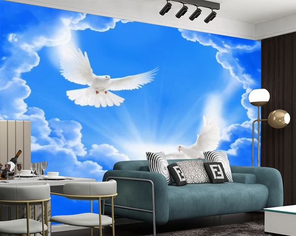 Blauer Himmel, weiße Wolken, 3D-Tapete, moderne Heimdekoration, Seiden-Wandbild, Tapeten, Digitaldruck, Küche, Zimmer, klassische Malerei, Wandpapier