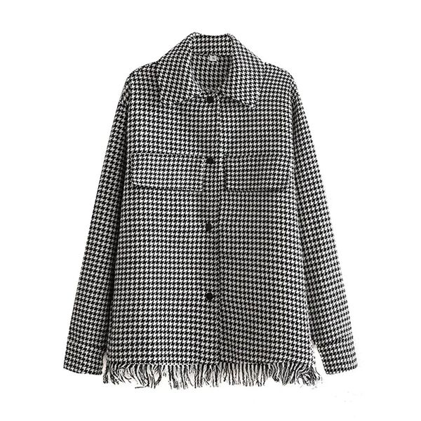 

bbwm women oversized black white houndstooth tweed overshirt tassel plaid shirt coat ladies streetwear checked jacket outerwear 210520, Black;brown