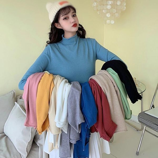 

women's t-shirt half turtleneck solid color shirt for woman autumn spring slim fit underwear clothes basic long sleeves top, White