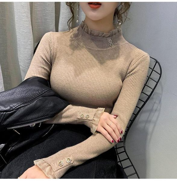 

women's sweaters 2021 thickened lace with half high collar sweater bottoming shirt autumn winter pullover slim style knitted top, White;black