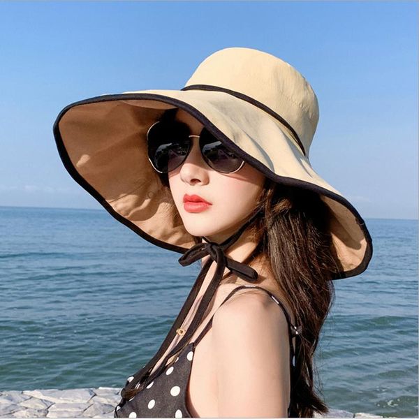 

wide brim hats super large anti-uv beach hat summer women cotton sun foldable bucket 2021 fashion female visor bonnet, Blue;gray