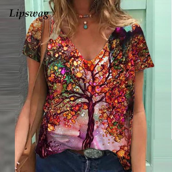 

women's blouses & shirts vintage art painting print women elegant 2021 summer short sleeve v-neck blouse female casual loose pullover, White