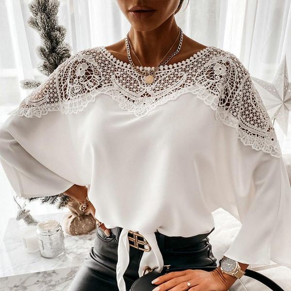 

women's summer lace blouse 2021 o-neck shirts solid black hollow out three quarter sleeve tunic ladies blouses feminina &, White