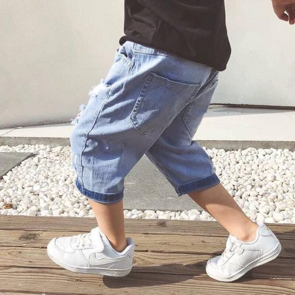 

trousers size100-160 cotton children knee length denim pants for 3 4 5 6 7 8 9 11 13 year boy casual boys summer, Blue