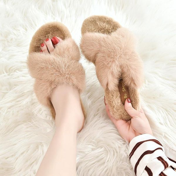 

slippers 2021 winter fashion women office beige trend weave cross vamp furry warm shoes flats female slides cozy, Black
