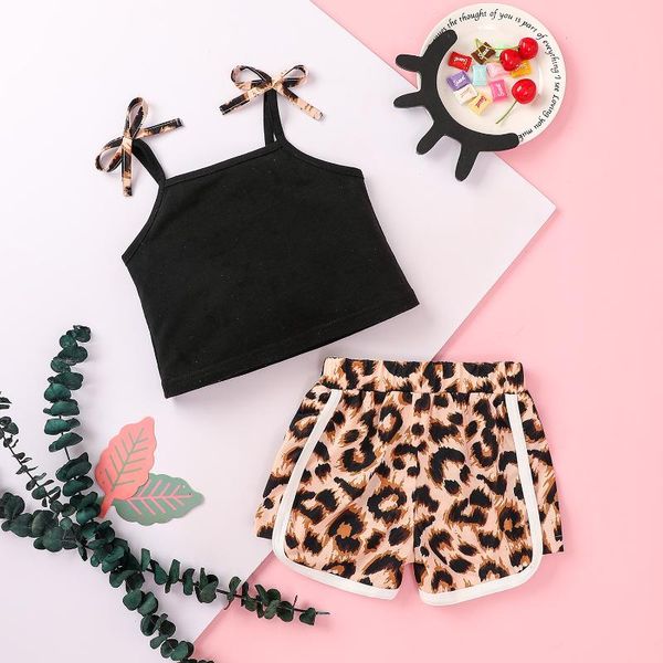 

clothing sets leopard print clothes set girls kids sleeveless cropped with bow-knot+side split short pants, White