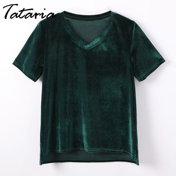 T-shirt in velluto Donna manica corta Sexy Summer Crop Top Slim Basic T-shirt causale T-shirt con scollo a V TATARIA 210514