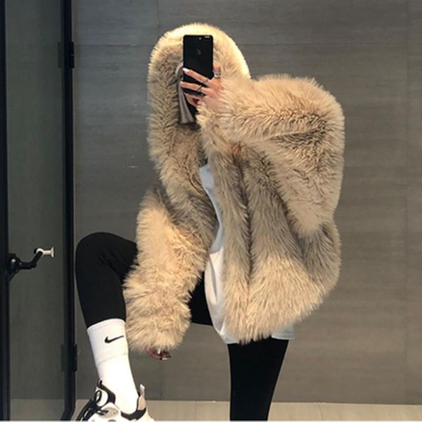 

women's fur & faux hooded eco-friendly coat imitation plush 2021 winter short female button collar overcoat xf695, Black