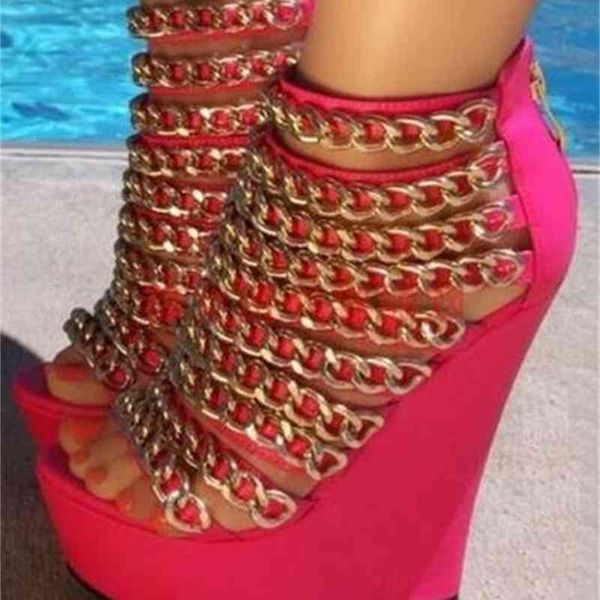 

sandals gold chains of pink metal cloak heel peep wedge gladiator sandal boots woman platform sandals summer kizm, Black