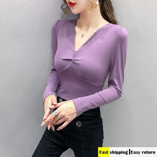 

autumn women's v-neck pullover shirts slim temperament bottoming shirt solid long sleeve blouse female blouses &, White