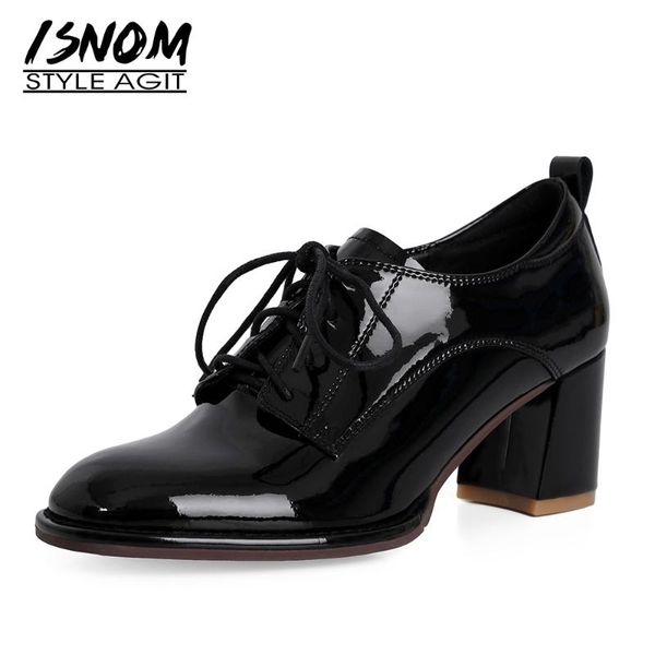 

dress shoes isnom genuine leather pumps women round toe brogues lace up female fashion chunky high heels ladies spring 2021, Black