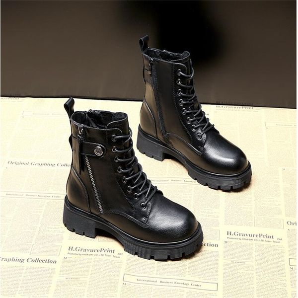 

winter womens platform ankle boots lace-up matte black round toe button decoration chunky heels booties zipper fashion punk