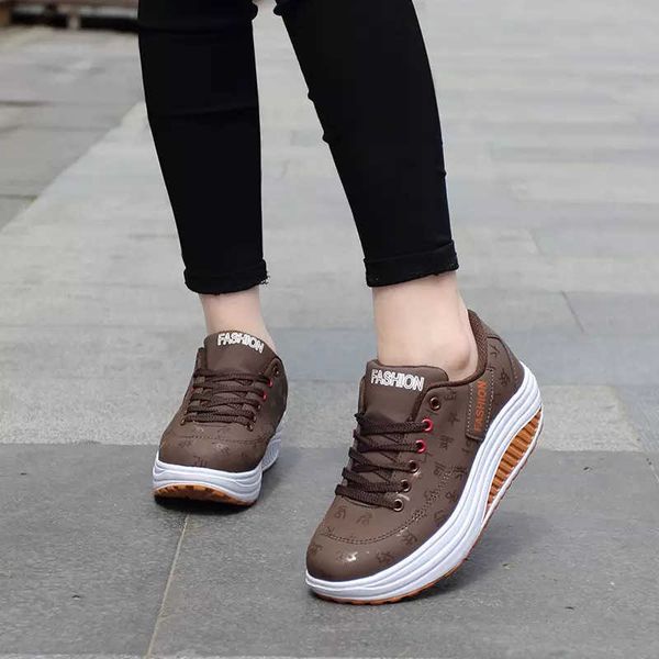 

2021 spring women's round head sports casual single shoes front lace up high middle heel rockingtraining sneakers
