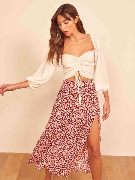 

high waist split midi women skirt flower dot print casual chic summer elastic fashion boho, Black