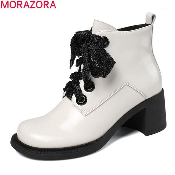 

boots morazora 2021 arrival fashion women genuine leather thick high heels square toe lace up ankle1, Black