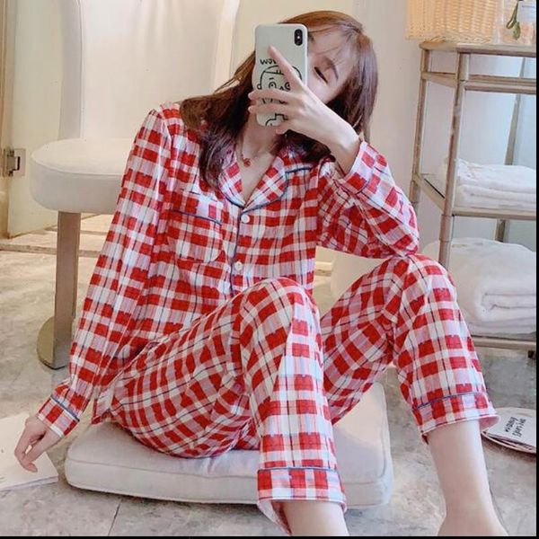 

fdfklak fashion plaid cotton pajamas women sleepwear set spring autumn nightwear pijamas home suit pyjama femme, Black;red