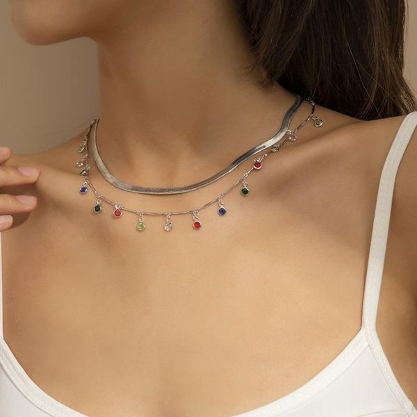

chokers 2pcs boho colorful circle layered pendant necklace vintage punk clavicle chain with rhinestone kpop shiny women statement choker, Golden;silver