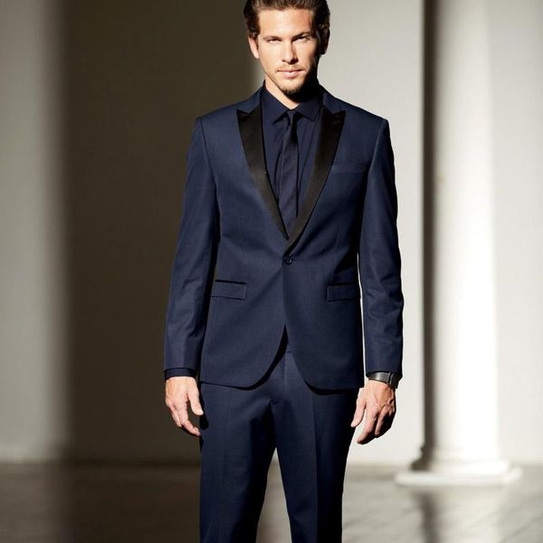 

men's suits & blazers slim fit prom for men 2 piece navy blue wedding tuxedo with black peaked lapel boyfriend male fashion costume jac, White;black