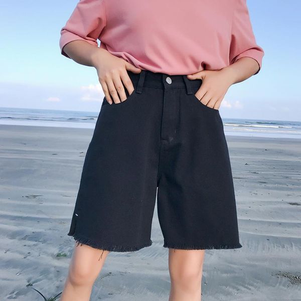 

women's shorts vintage tassel wide leg female loose high waist jeans half length harajuku casual summer denim short feminino, White;black