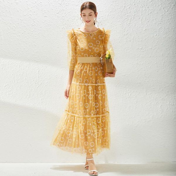 

casual dresses 2021 summer women luxury puff sleeve mesh print elegant big swing slim party long ladies vintage dress vestidos, Black;gray
